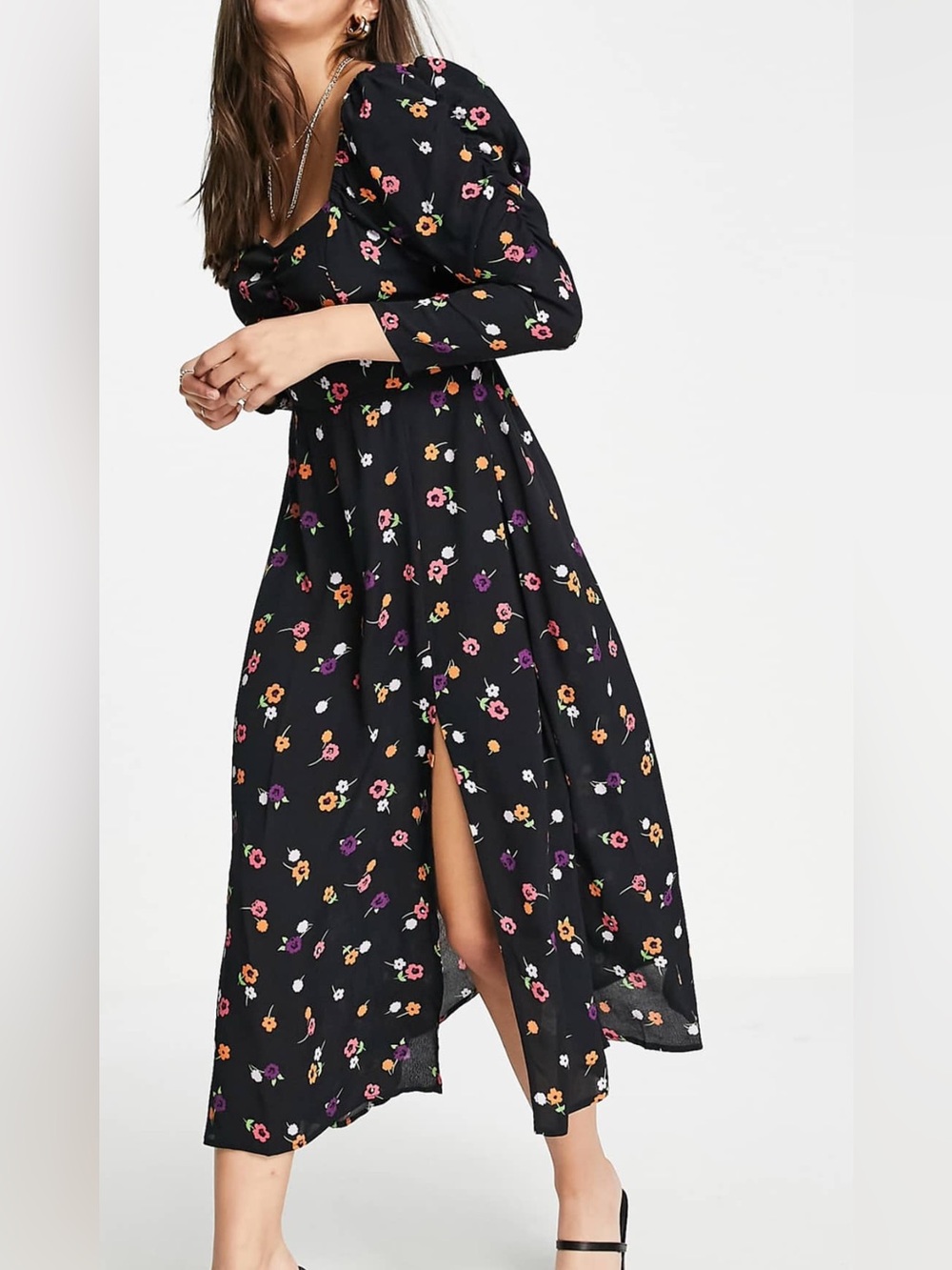 Miss Selfridge Black Floral Midi Dress with Puff Sleeves